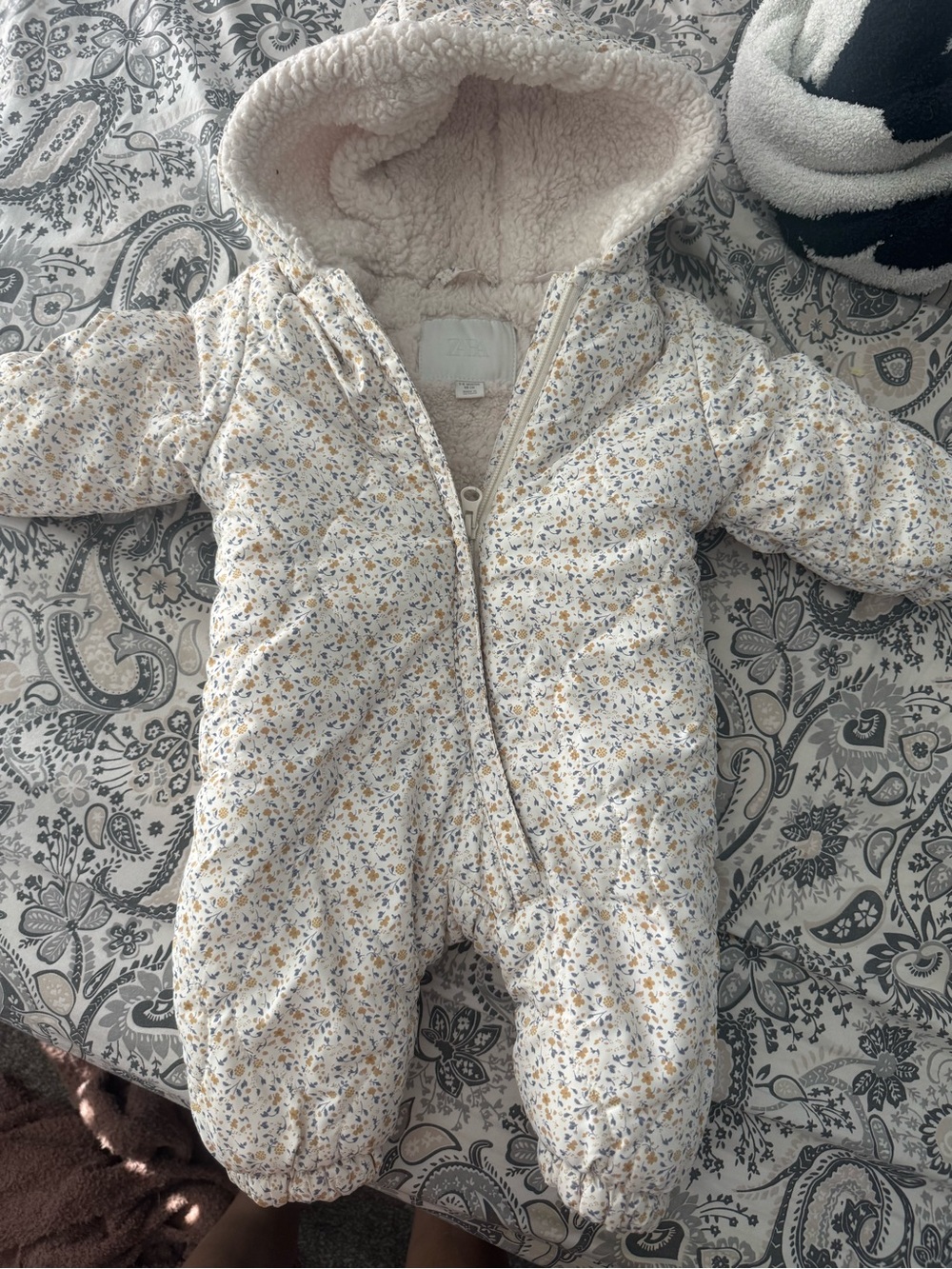 Zara Cream Quilted Floral Hooded One-Piece with Yellow & Blue Print